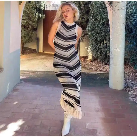 Striped Knitted Long Dress Women O-neck Backless Hollowed Out Long Sleeves Lady Bodycon Dress 2024 Spring Summer Vacation Robe - Lootquake