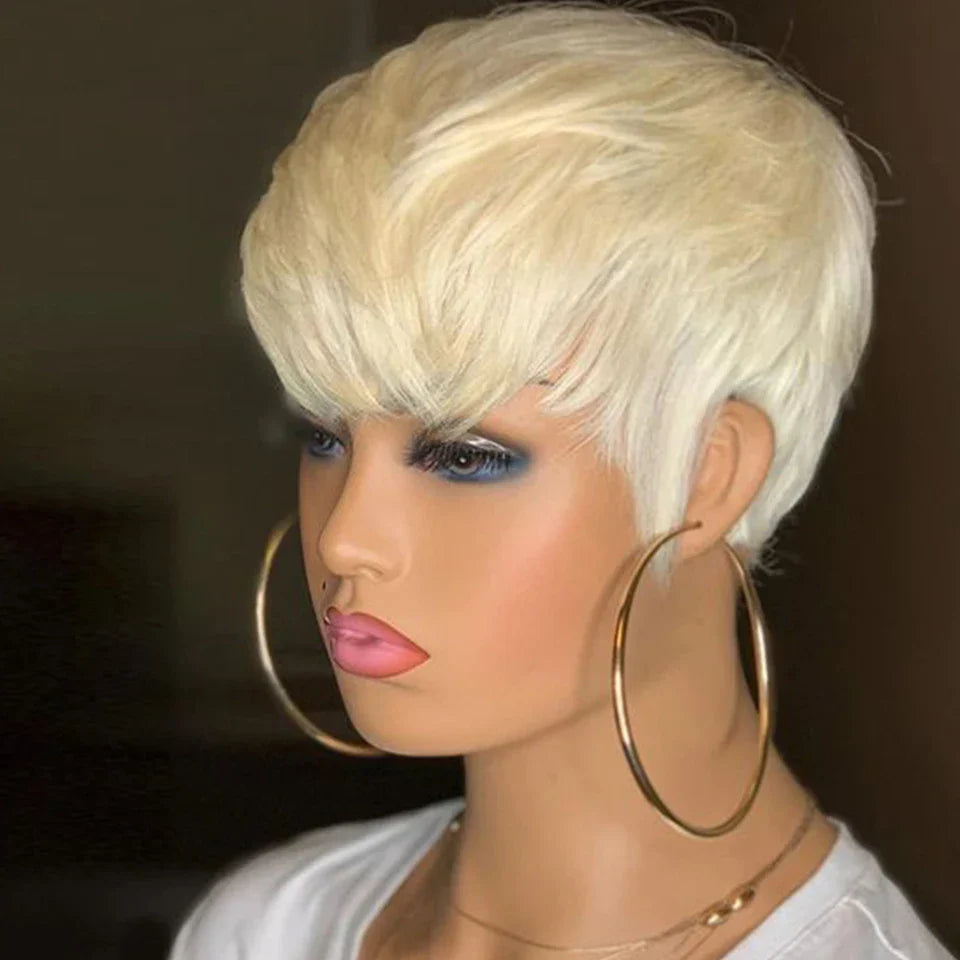 613 Honey Blonde Pixie Cut Straight Wig with Bangs | Glueless Peruvian Remy Human Hair