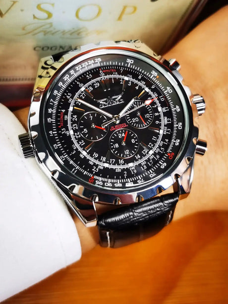 Jaragar Automatic Watch for Men Military Multifunction 3 Sub-Dials Sports Mechanical Watches Top Brand Luxury Leather Steel Band - Lootquake