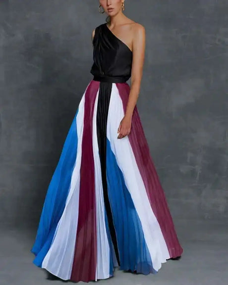2024 Spring Summer New One Shoulder Dresses Women Splicing Print Off Shoulder Loose Long Dress Fashion Ladies Commuting Vestidos - Lootquake