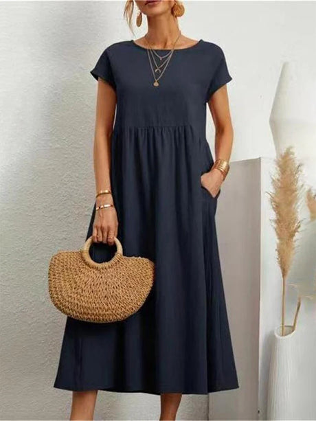Women Elegant Solid Maxi Dress Summer Short Sleeve O Neck Vintage Harajuku Cotton Linen Loose Sundress Y2K Pockets Long Dress - Lootquake