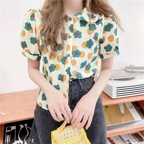 Women Summer Korean Casual Printing Chiffon Loose Polo-Neck Short Sleeve Blouse Women Clothes Sweet All-match Floral Top Tee - Lootquake