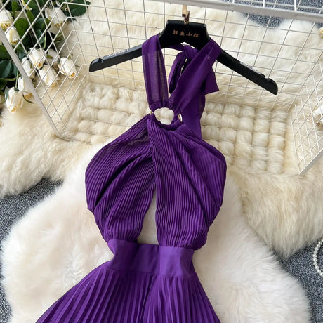 SINGREINY Sexy Halter Pleated Dress Women Summer Hollow Out Cross Lace Up Zipper Design Sleeveless Backless Elegant Long Dress - Lootquake