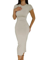 BWQ 2024 Women Solid Color Slim Short Sleeve Casual Pullover Sumer Long Dress Skinny Sexy Daily Dress - Lootquake