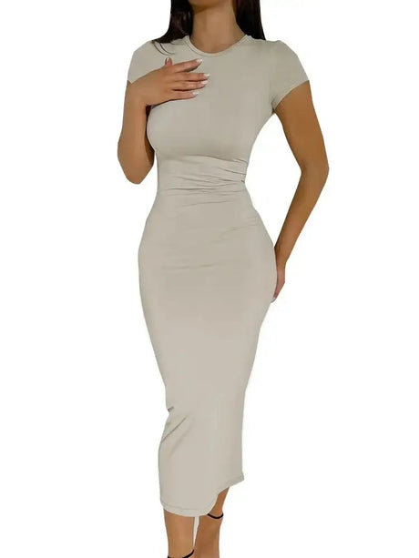 BWQ 2024 Women Solid Color Slim Short Sleeve Casual Pullover Sumer Long Dress Skinny Sexy Daily Dress - Lootquake