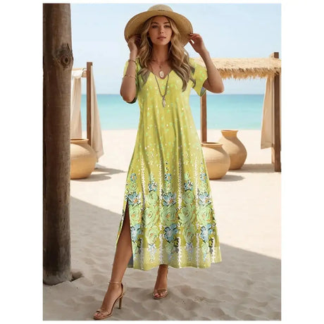 Elegant Dresses For Women Holiday V-Neck Long Dress 3d Vintage Flowers Print Short Sleeve Slit Skirt Summer New Beach Dresses - Lootquake