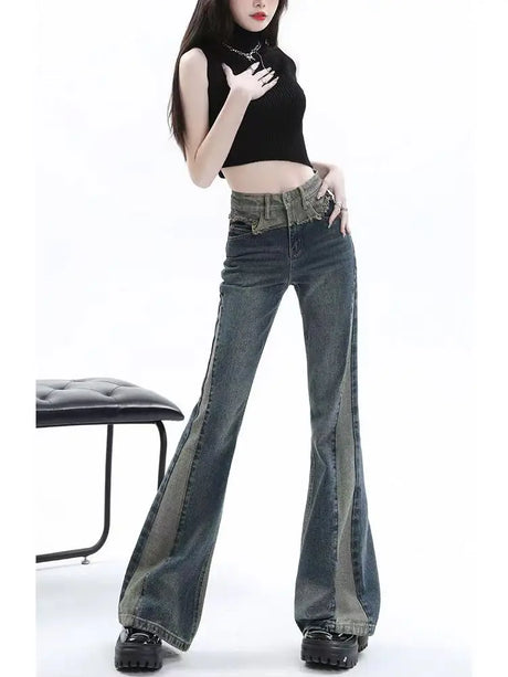 American High Street Spicy Girls Low Waist Jeans Women Autumn Vintage Y2k Design Sense Slim Fit Straight Tube Micro Flare Pants - Lootquake