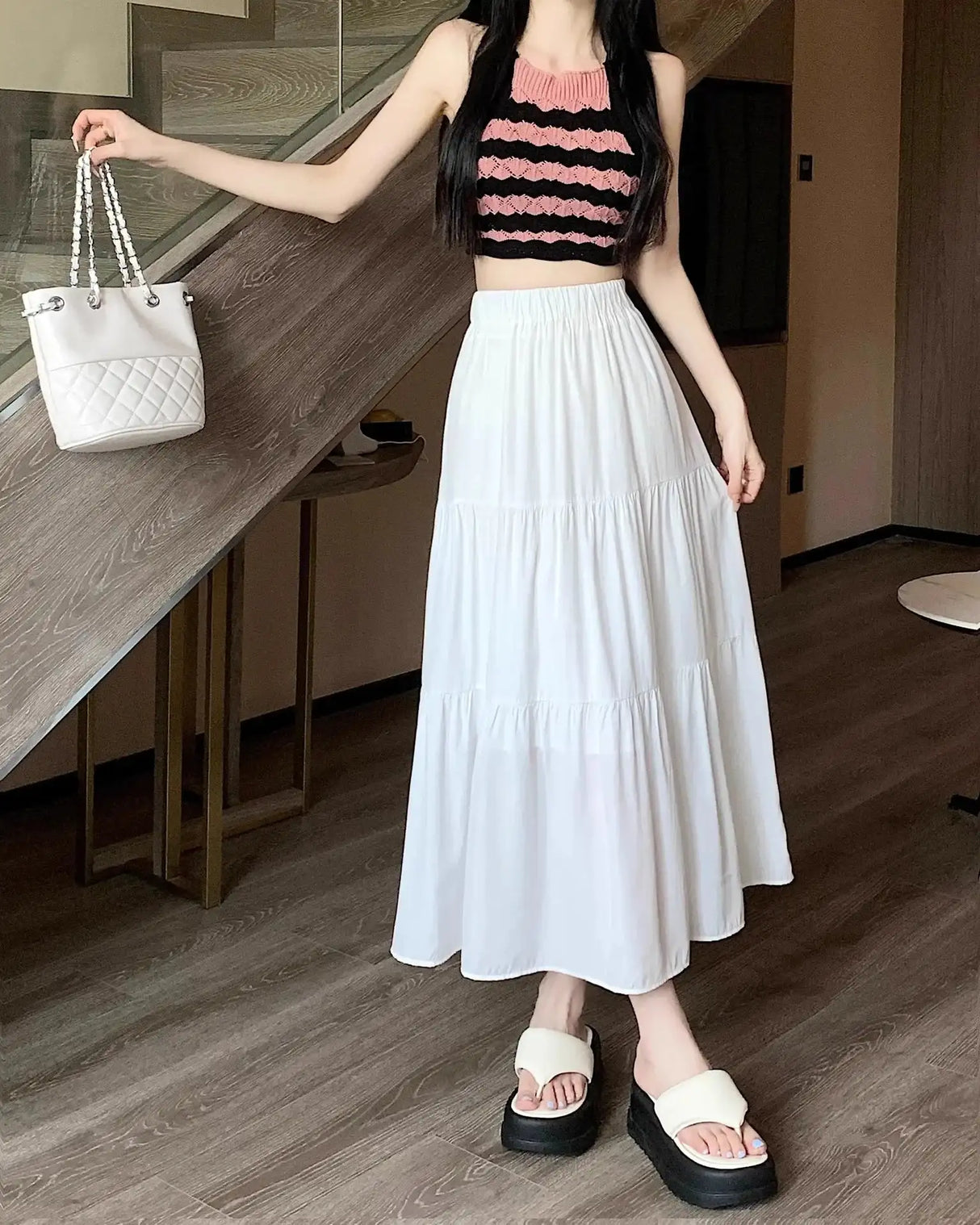 Spring 2024 New Women's Petite Black Umbrella Skirt High-waisted A- line White Dress Long Dress Drape Sense - Lootquake