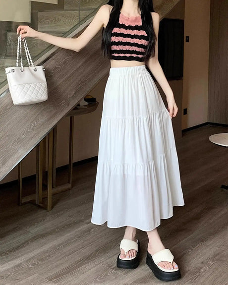 Spring 2024 New Women's Petite Black Umbrella Skirt High-waisted A- line White Dress Long Dress Drape Sense - Lootquake