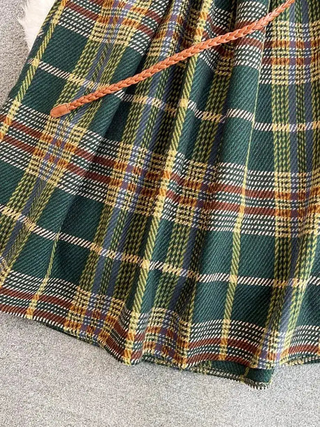 Autumn Winter Plaid Woolen Dress Women Vintage V Neck Sleeveless Long Dress With Belt Streetwear Sundress - Lootquake