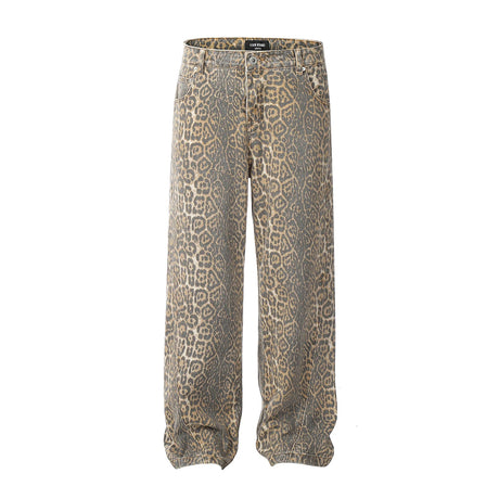 American Style Leopard Wash Jeans Women Y2K Retro Street Hot Girl Loose Casual Pants High Waist Straight Leg Jeans - Lootquake