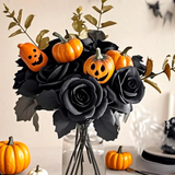 Halloween Decoration Artificial Flowers Bouquet With Pumpkins & Black Roses, Halloween Table Centerpiece For Dining Living Room