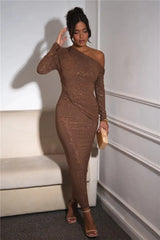 Mozision Sparkle Long Sleeve Sexy Maxi Dress For Women Inclined Shoulder Backless Bodycon Ruched Club Party Sexy Long Dress - Lootquake
