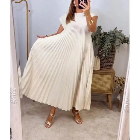 Women's Elegant And Fashionable Round Neck Sleeveless Pleated Long Dress In Solid Color Beige With Pockets, Oversized Long Skirt - Lootquake
