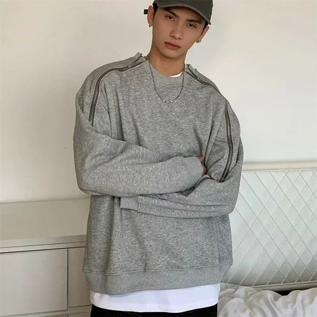 Autumn Zipper Design O-neck Sweatshirts Men's New Y2K Vintage Streetwear Gray Pullover Hoodies Loose Hip Hop Fashion Sweat-shirt - Lootquake