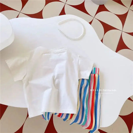 Baby Summer Set Children's Tops and Bottoms Suit New Girls Cute Short-Sleeved T-Shirt Rainbow Pleated Pants Two-Piece 12M-8Y - Lootquake