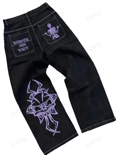 Women's Skeleton Embroidery Jeans, Men's Casual Street Style Loose Fit Jeans,Hip Hop Y2K New Straight Cargo Pants Streetwear - Lootquake