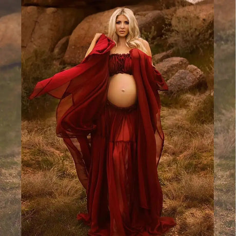 Maternity Dress For Photoshoot Pregnancy Off Shoulder Ruffled Semi Transparent Chiffon Long Dress Photography Dress For Women - Lootquake