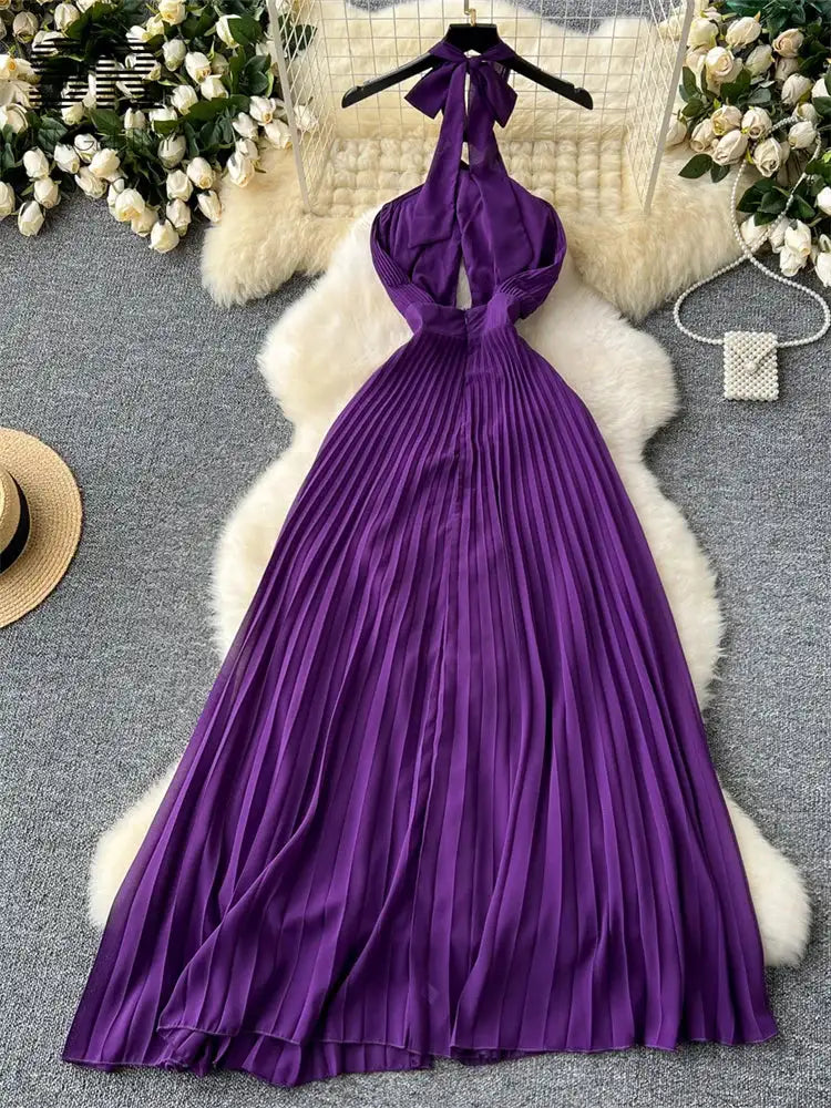 SINGREINY Sexy Halter Pleated Dress Women Summer Hollow Out Cross Lace Up Zipper Design Sleeveless Backless Elegant Long Dress - Lootquake