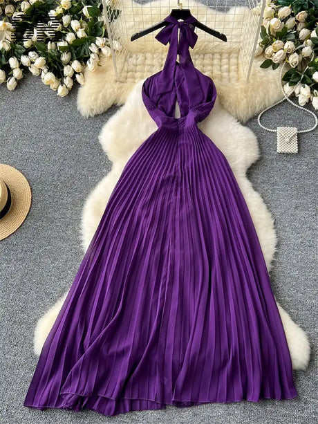 SINGREINY Sexy Halter Pleated Dress Women Summer Hollow Out Cross Lace Up Zipper Design Sleeveless Backless Elegant Long Dress - Lootquake