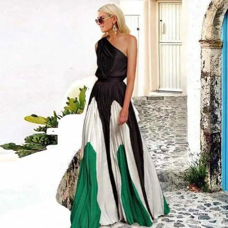 2024 Spring Summer New One Shoulder Dresses Women Splicing Print Off Shoulder Loose Long Dress Fashion Ladies Commuting Vestidos - Lootquake