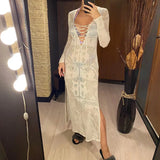Deep V Dress Lace Up Long Sleeve Women Split Maxi Dress Crochet Knitted Tunic Mesh Sheer Sexy Bodycon Long Dress Vestido V4146B - Lootquake