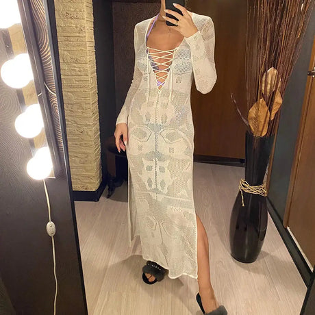 Deep V Dress Lace Up Long Sleeve Women Split Maxi Dress Crochet Knitted Tunic Mesh Sheer Sexy Bodycon Long Dress Vestido V4146B - Lootquake