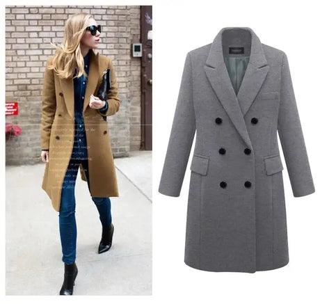 Autumn Winter Women's Woolen Jacket Long Windbreaker Double Breasted Slim Fit Coat - Lootquake