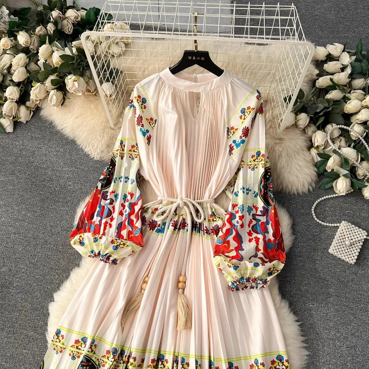 Spring Holiday Print Long Dress For Women Fashion Loose Lantern Sleeve Party Robe Female Big Swing Tassels Belt Pleated Clothes - Lootquake