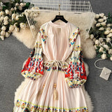 Spring Holiday Print Long Dress For Women Fashion Loose Lantern Sleeve Party Robe Female Big Swing Tassels Belt Pleated Clothes - Lootquake