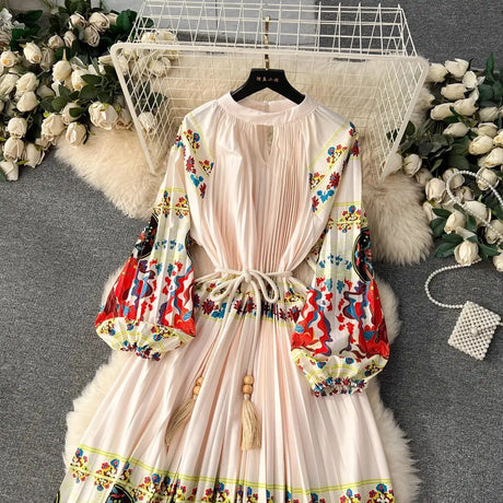 Spring Holiday Print Long Dress For Women Fashion Loose Lantern Sleeve Party Robe Female Big Swing Tassels Belt Pleated Clothes - Lootquake