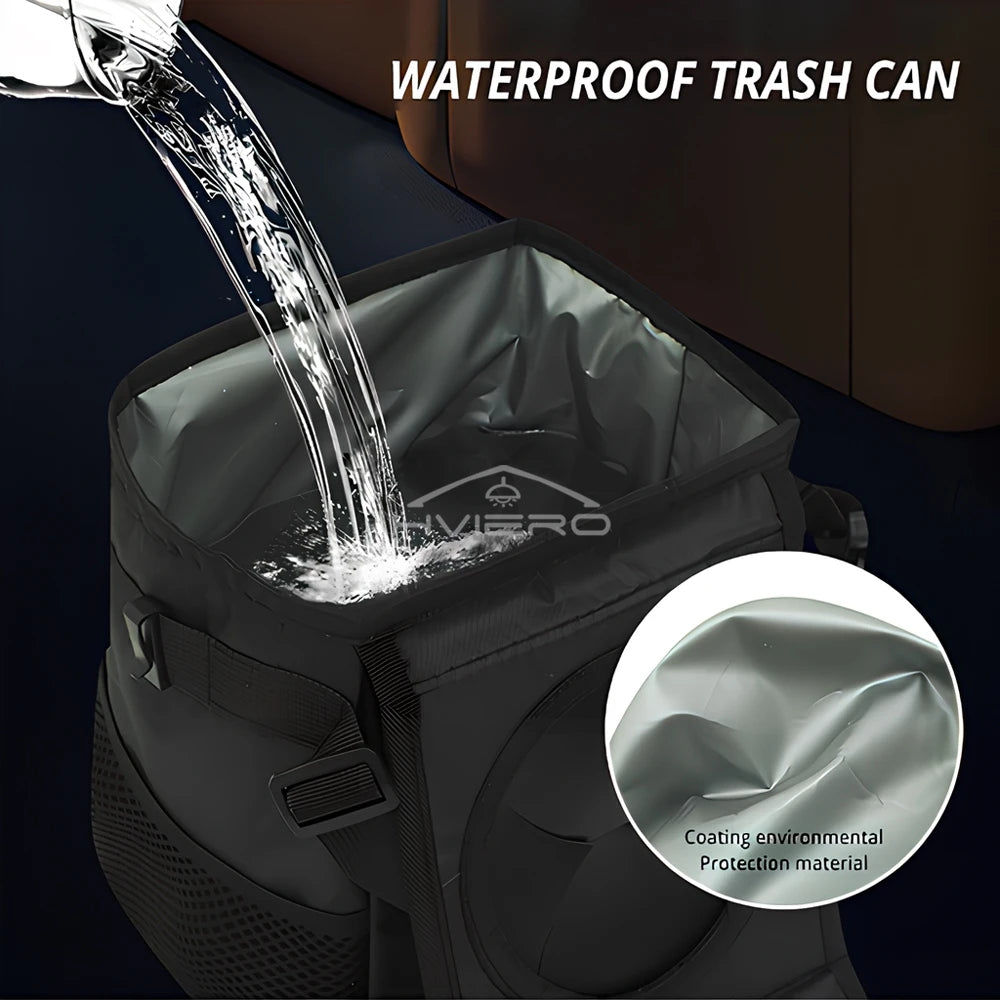 Cubo de basura con tapa y bolsillos de almacenamiento, 100 % a prueba de fugas, organizador impermeable, multiusos, color negro, para coche.