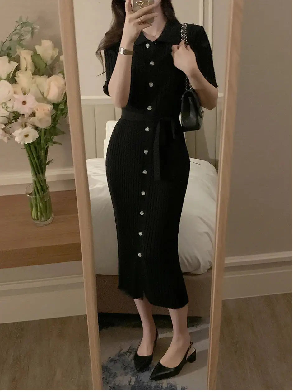 Elegant Summer Sweet Sle Turn-down Collar Single-button Thin Ice Silk Short-sleeve Knitted Long Dress Women's Fashion - Lootquake