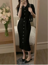 Elegant Summer Sweet Sle Turn-down Collar Single-button Thin Ice Silk Short-sleeve Knitted Long Dress Women's Fashion - Lootquake