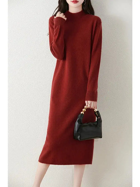 Autumn Winter Women's Wool Long Dress Cashmere Mock Neck Pullover Sweater 100% Merino Wool Soft Knitwear OL Simple Basic Dress - Lootquake