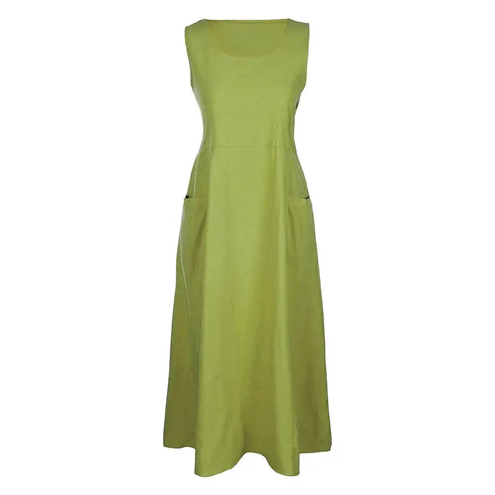Cotton Linen Sleeveless Dress for Women Summer Pullover Skirt Vestidos Fashion Female Clothing Short Sleeved Loose Long Dress - Lootquake