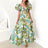 Summer V Neck Cutout Floral Print Dresses Elegant Women Puff Short Sleeve Casual Dress Pleated Waisted Swing Beach Long Dress - Lootquake