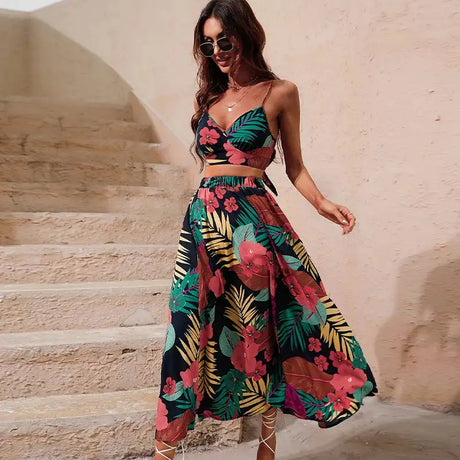 Y2K Bikini Crop Tops Long Dress Sexy Set for Women Summer Fashion Two Pieces Skirt Beach Style Floral Print Midi Sexy Boho Sets - Lootquake