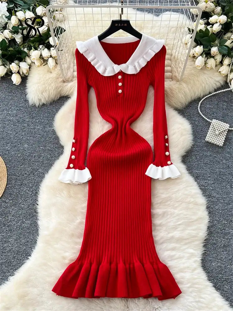 SINGREINY 2024 Hotsweet Slim Autumn Dress Women Peter pan Collar Long Sleeves Patchwork Preppy Style Mermaid Sweater Long Dress - Lootquake