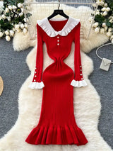 SINGREINY 2024 Hotsweet Slim Autumn Dress Women Peter pan Collar Long Sleeves Patchwork Preppy Style Mermaid Sweater Long Dress - Lootquake