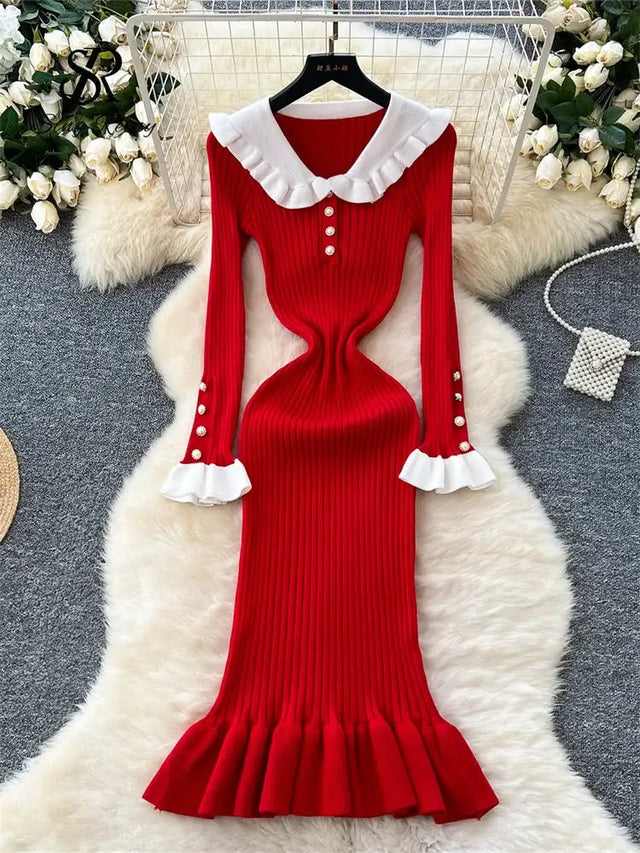SINGREINY 2024 Hotsweet Slim Autumn Dress Women Peter pan Collar Long Sleeves Patchwork Preppy Style Mermaid Sweater Long Dress - Lootquake