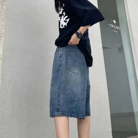High Street Retro Blue Jeans Shorts Women Summer New Baggy Wide Leg Denim Half Pants Fashion Streetwear Y2k Clothing Oversize - Lootquake