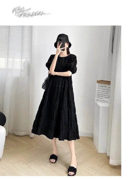 2025 Summer Maternity Pleated Dress Solid Color Loose Pregnant Woman Long Dress Short Sleeve Plus Size Pregnancy Ball Gown Dress - Lootquake