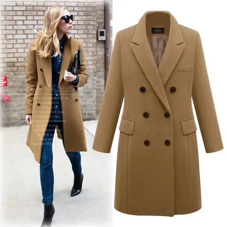 Autumn Winter Women's Woolen Jacket Long Windbreaker Double Breasted Slim Fit Coat - Lootquake