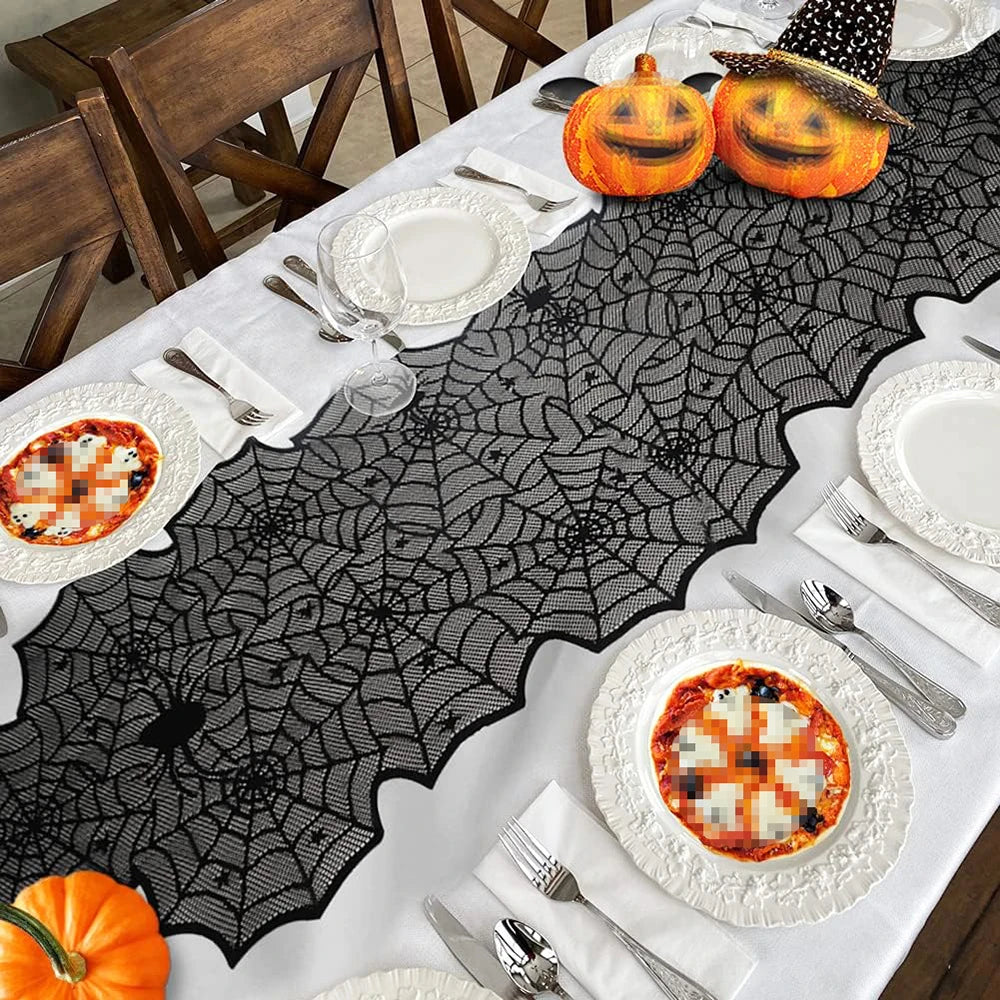 Halloween Decorations Set Spider Web Table Runner Fireplace Scarf Cover Tablecloth 3D Bats Wall Stickers Halloween Party Decor