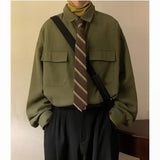 Autumn Green Black Shirt Men Fashion Social Mens Dress Shirt Korean Loose Long Sleeve Shirts Mens Pocket Tooling Shirt M-3XL - Lootquake