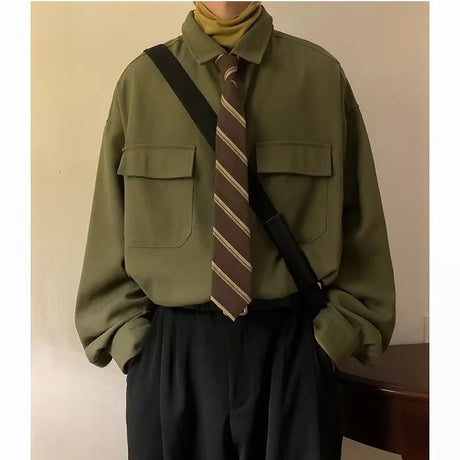 Autumn Green Black Shirt Men Fashion Social Mens Dress Shirt Korean Loose Long Sleeve Shirts Mens Pocket Tooling Shirt M-3XL - Lootquake