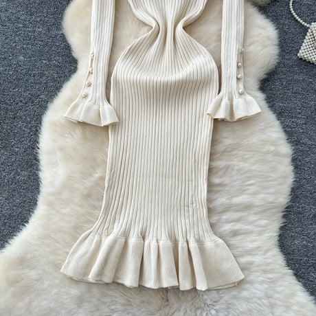 SINGREINY 2024 Hotsweet Slim Autumn Dress Women Peter pan Collar Long Sleeves Patchwork Preppy Style Mermaid Sweater Long Dress - Lootquake