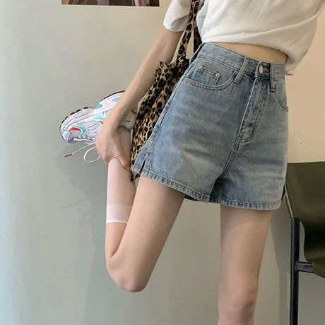 High Waist Wide Leg Short Jeans Women's Spring Thin Loose Versatile Student Hot Pants Slit Design Summer Casual Cotton Shorts - Lootquake