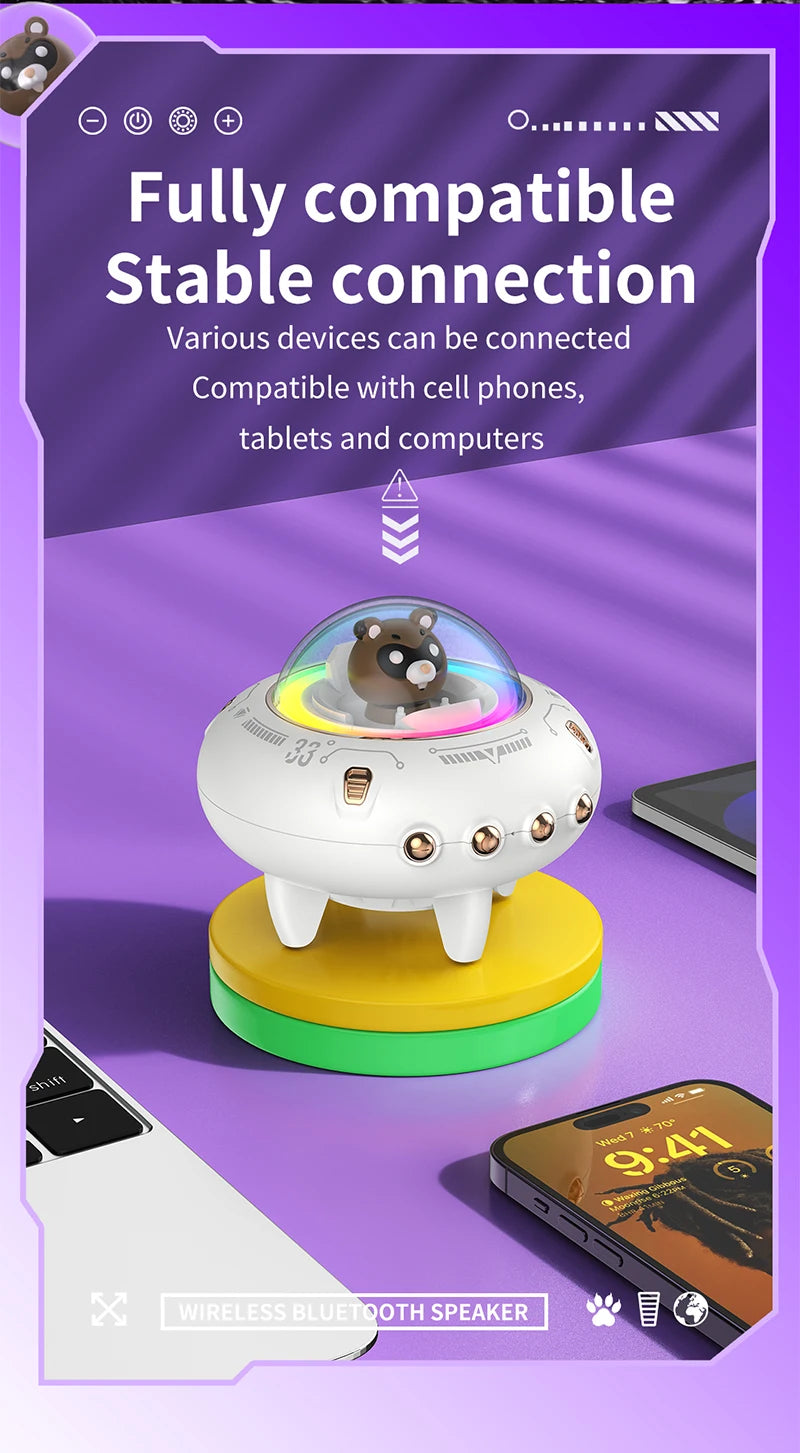 Mini haut-parleur portable Bluetooth avec éclairage LED RGB, design OVNI, vaisseau spatial, haut-parleur sans fil, idéal comme cadeau, compatible TF